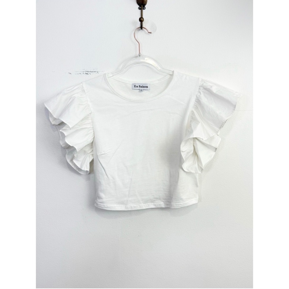 Anthropologie En Saison Ruffle Sleeve Cropped Knit Top White Size L